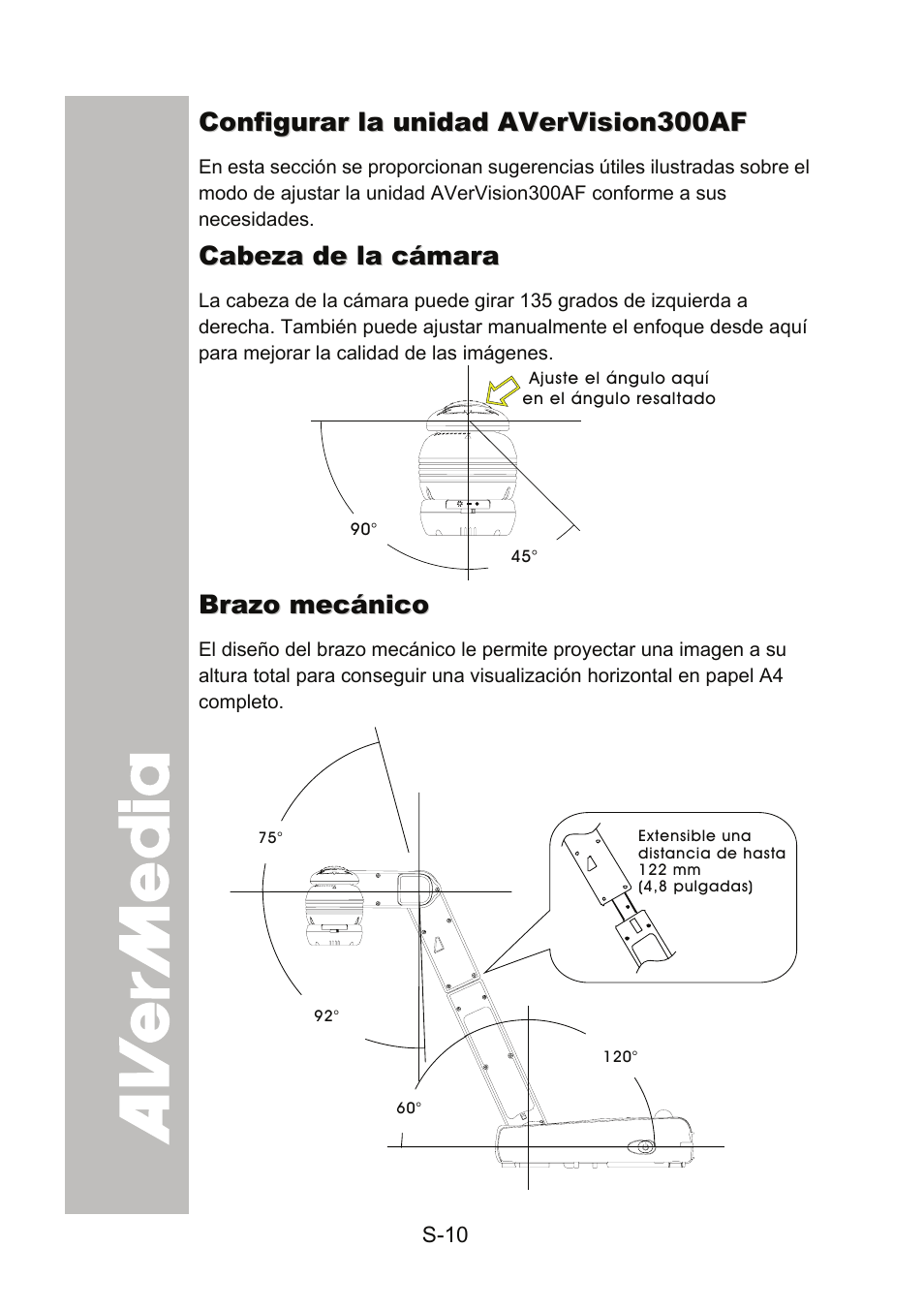 Configurar la unidad avervision300af, Cabeza de la cámara, Brazo mecánico | Configurar la unidad avervision300af........s-10 | AVer 300AF user manual User Manual | Page 128 / 170