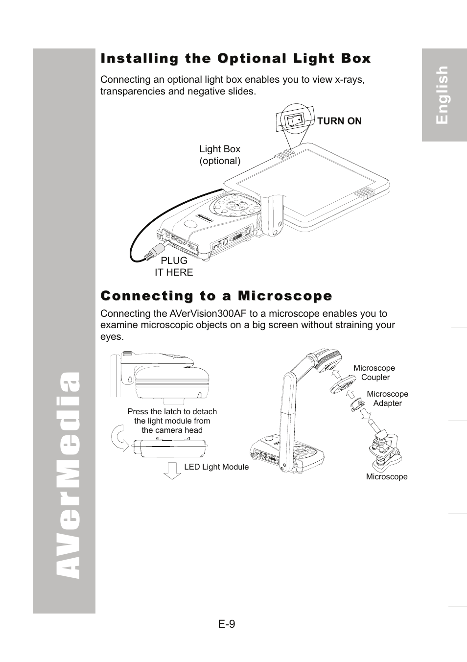 Installing the optional light box, Connecting to a microscope | AVer 300AF user manual User Manual | Page 15 / 170