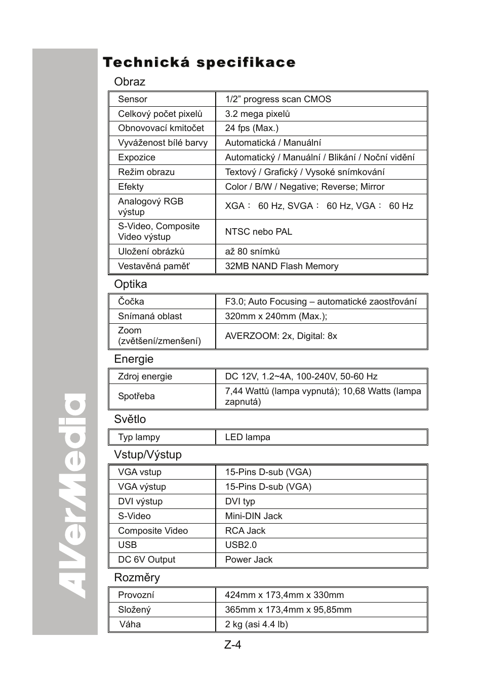 Technická specifikace, Obraz, Optika | Energie, Světlo, Vstup/výstup, Rozměry | AVer 300AF user manual User Manual | Page 150 / 170