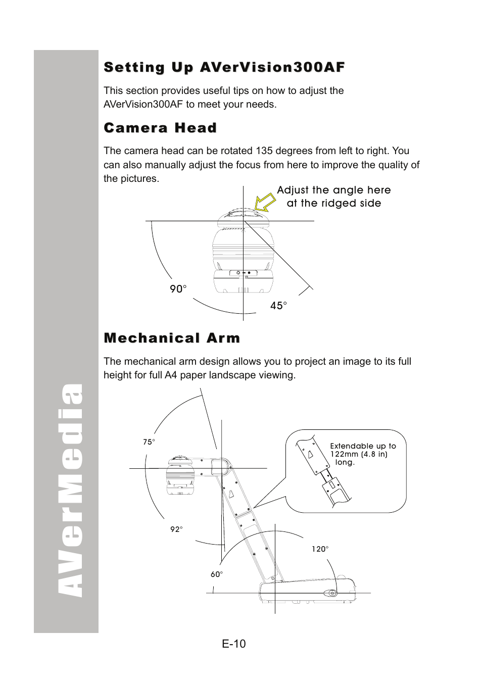 Setting up avervision300af, Camera head, Mechanical arm | AVer 300AF user manual User Manual | Page 16 / 170