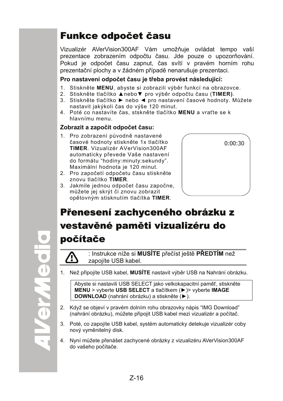 Funkce odpočet času, Zobrazit a započít odpočet času | AVer 300AF user manual User Manual | Page 162 / 170