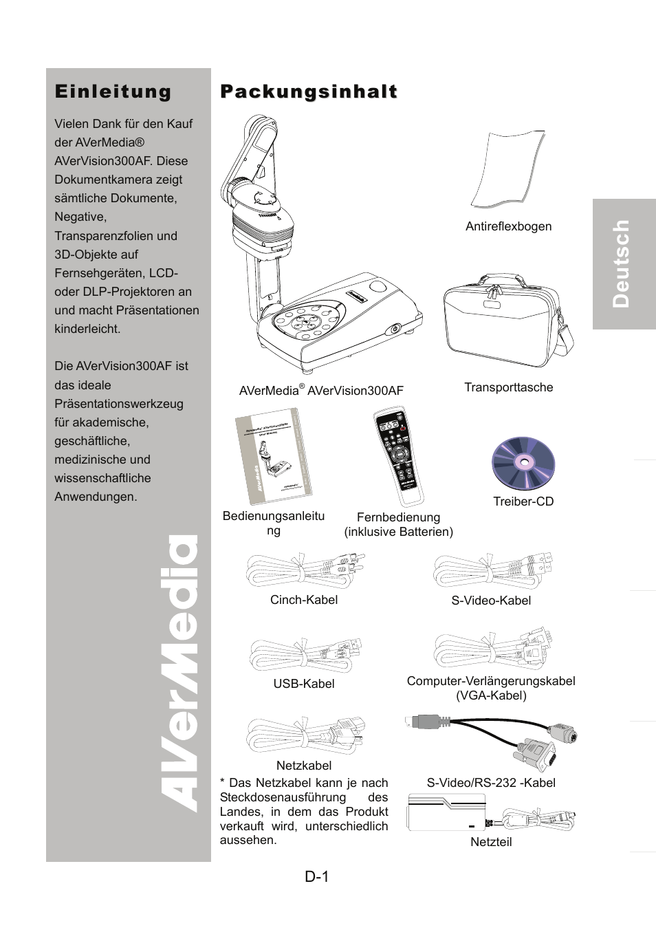 Einleitung, Packungsinhalt | AVer 300AF user manual User Manual | Page 35 / 170