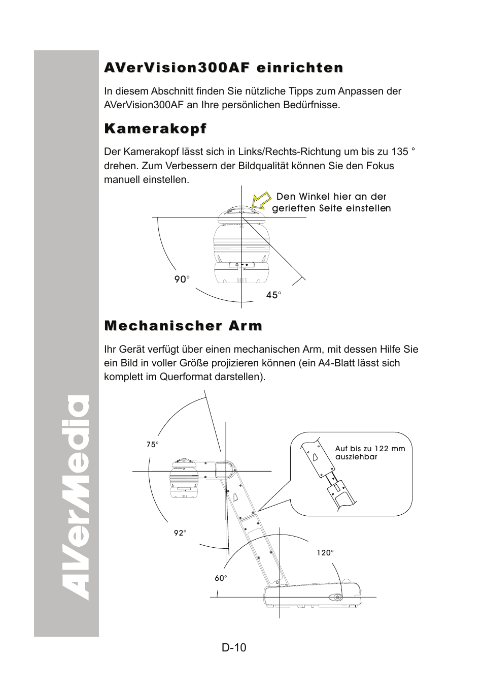 Avervision300af einrichten, Kamerakopf, Mechanischer arm | AVer 300AF user manual User Manual | Page 44 / 170