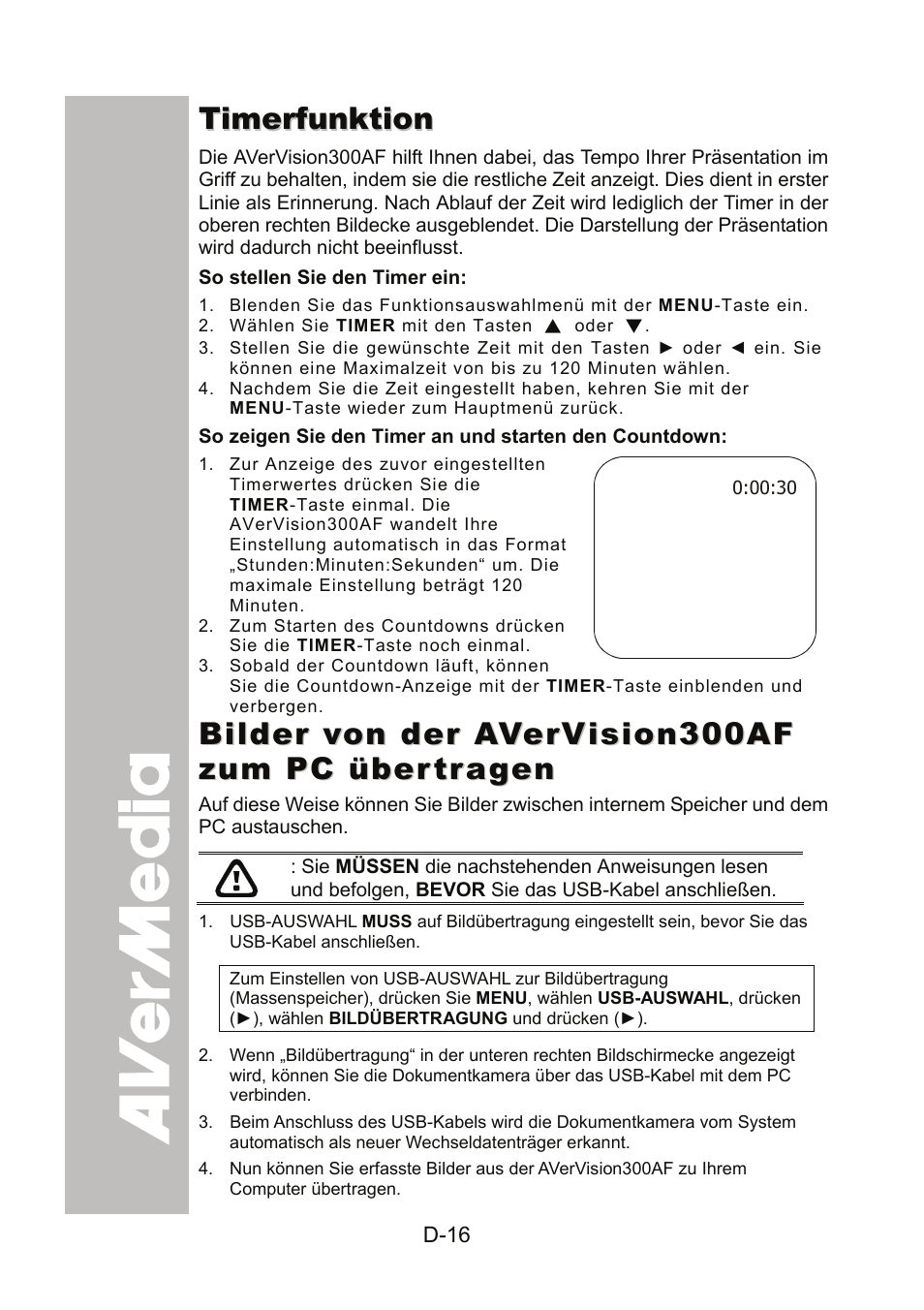 Timerfunktion, So stellen sie den timer ein, Bilder von der avervision300af zum pc übertragen | AVer 300AF user manual User Manual | Page 50 / 170