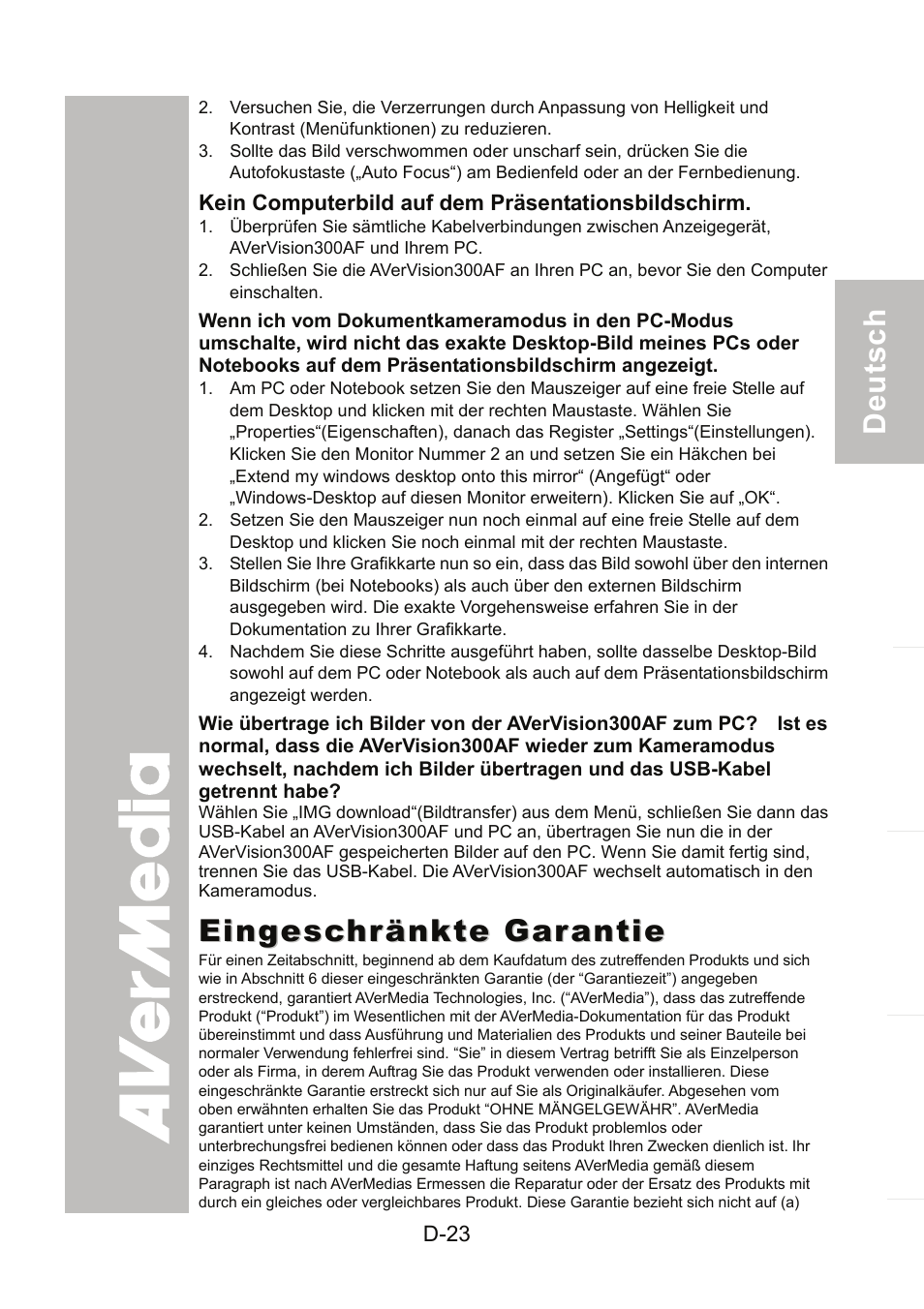 Eingeschränkte garantie | AVer 300AF user manual User Manual | Page 57 / 170