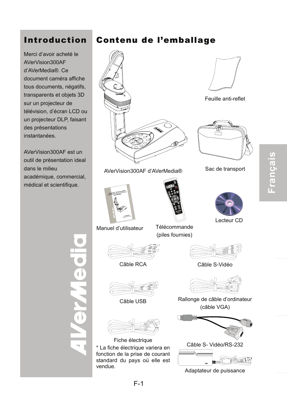 Introduction, Contenu de l’emballage | AVer 300AF user manual User Manual | Page 63 / 170