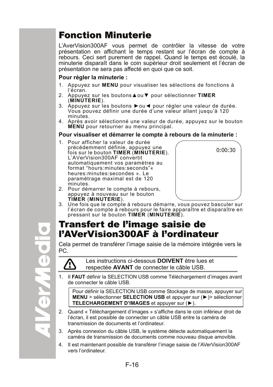 Fonction minuterie, Pour régler la minuterie | AVer 300AF user manual User Manual | Page 78 / 170