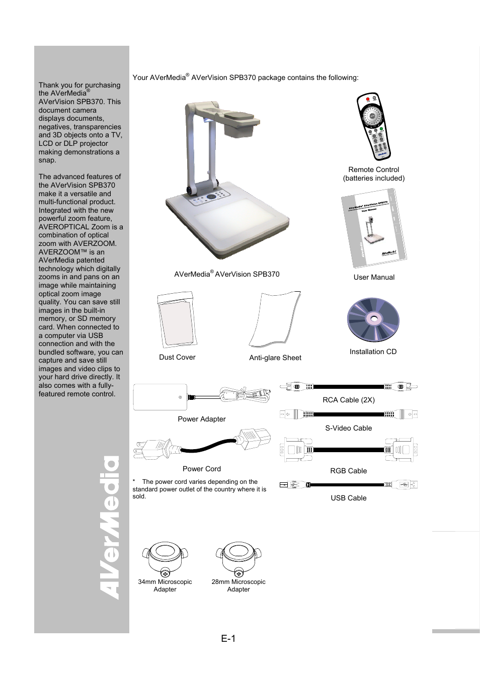 Introduction, Package contents, Optional accessories | AVer SPB370 user manual User Manual | Page 5 / 27