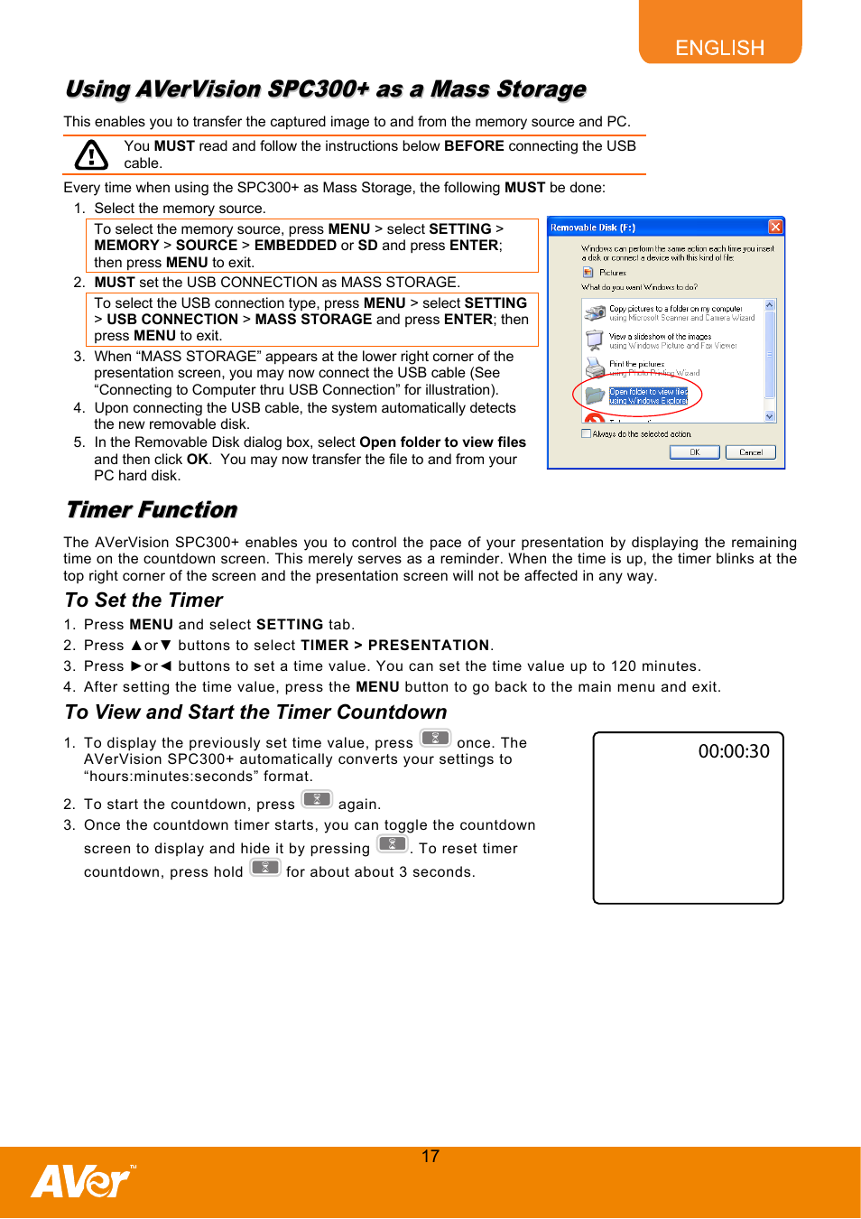 Using avervision spc300+ as a mass storage, Timer function, To set the timer | To view and start the timer countdown | AVer SPC300+ User Manual | Page 19 / 24