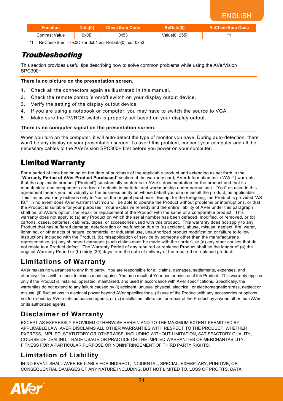 Troubleshooting, Limited warranty | AVer SPC300+ User Manual | Page 23 / 24