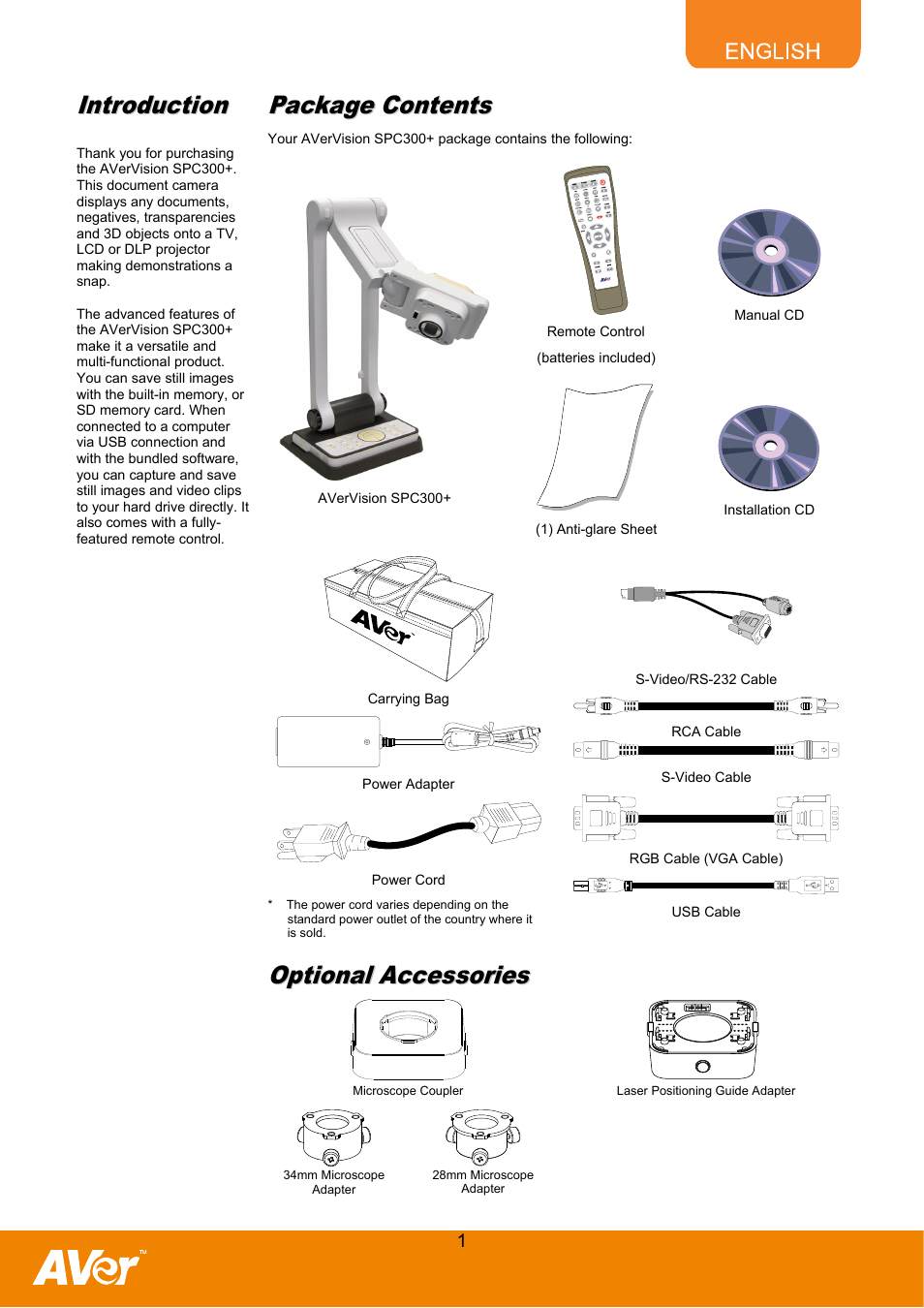 Introduction, Package contents, Optional accessories | AVer SPC300+ User Manual | Page 3 / 24