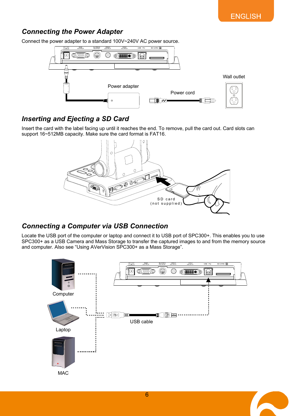 Connecting the power adapter, Inserting and ejecting a sd card, Connecting a computer via usb connection | AVer SPC300+ User Manual | Page 8 / 24