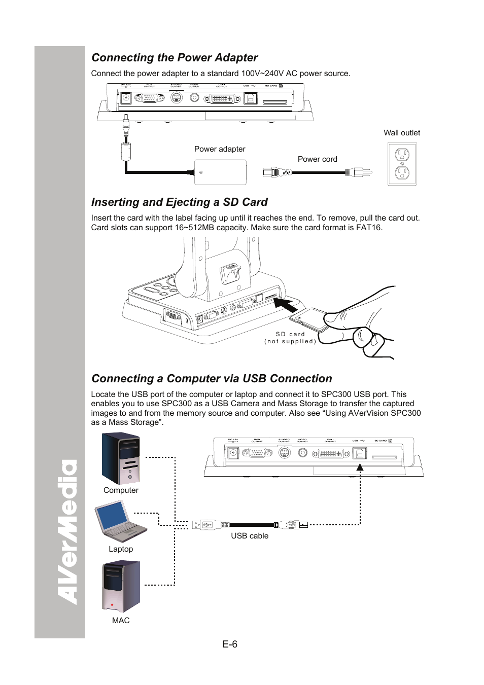 Connecting the power adapter, Inserting and ejecting a sd card, Connecting a computer via usb connection | AVer SPC300+ User Manual | Page 12 / 97