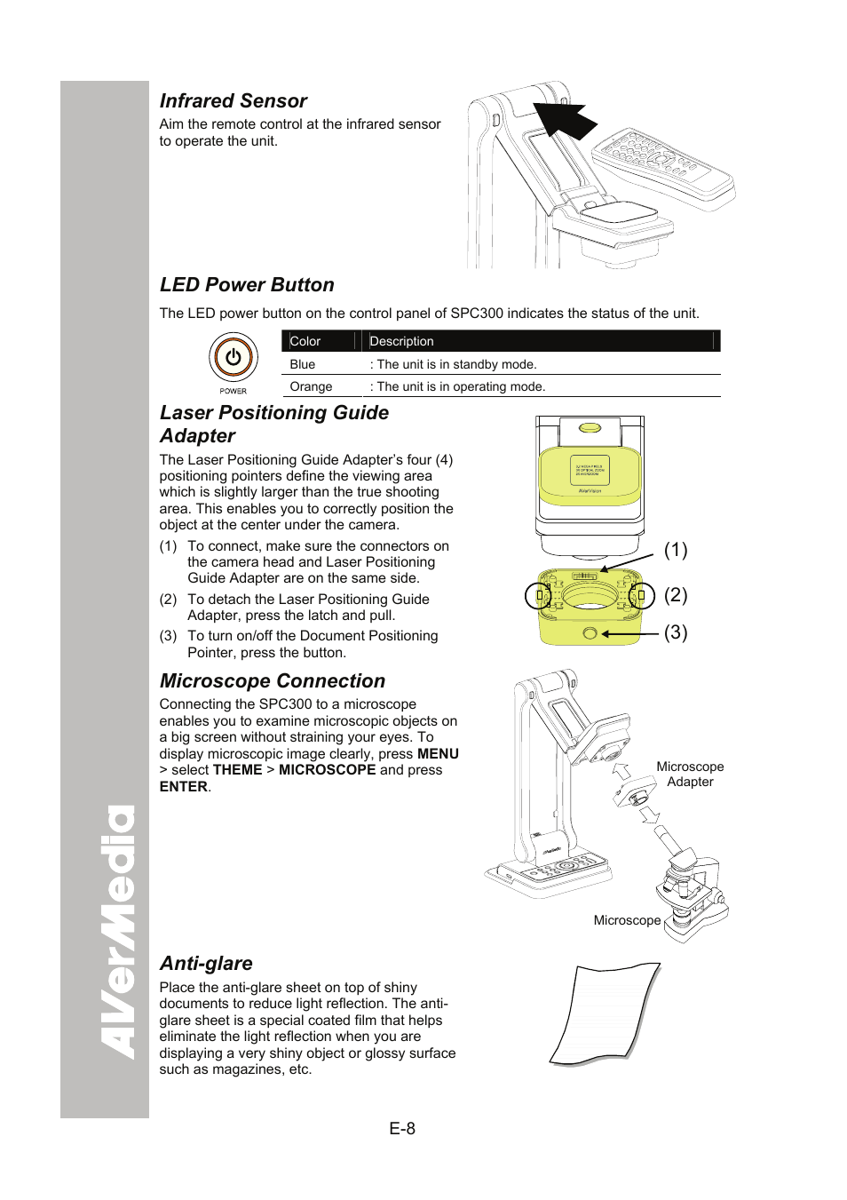Infrared sensor, Led power button, Laser positioning guide adapter | Microscope connection, Anti-glare | AVer SPC300+ User Manual | Page 14 / 97