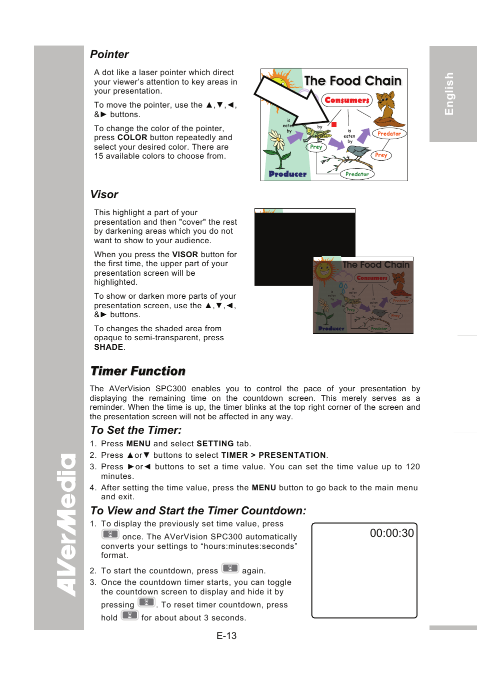 Timer function, To set the timer, To view and start the timer countdown | AVer SPC300+ User Manual | Page 19 / 97