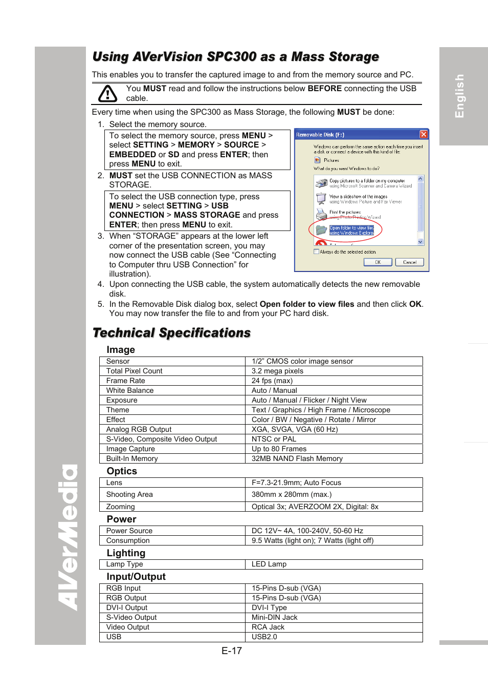 Using avervision spc300 as a mass storage, Technical specifications, Image | Optics, Power, Lighting, Input/output | AVer SPC300+ User Manual | Page 23 / 97