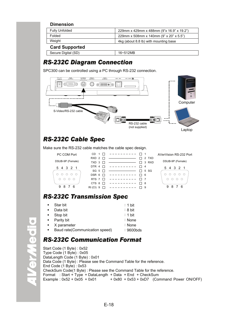 Dimension, Card supported, Rs-232c diagram connection | Rs-232c cable spec, Rs-232c transmission spec, Rs-232c communication format | AVer SPC300+ User Manual | Page 24 / 97