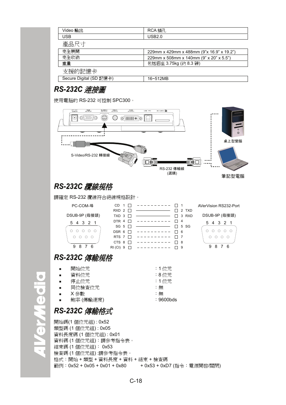 產品尺寸, 支援的記憶卡, Rs-232c 連接圖 | Rs-232c 纜線規格, Rs-232c 傳輸規格, Rs-232c 傳輸格式, C-18, 連接 接 圖 圖 | AVer SPC300+ User Manual | Page 48 / 97