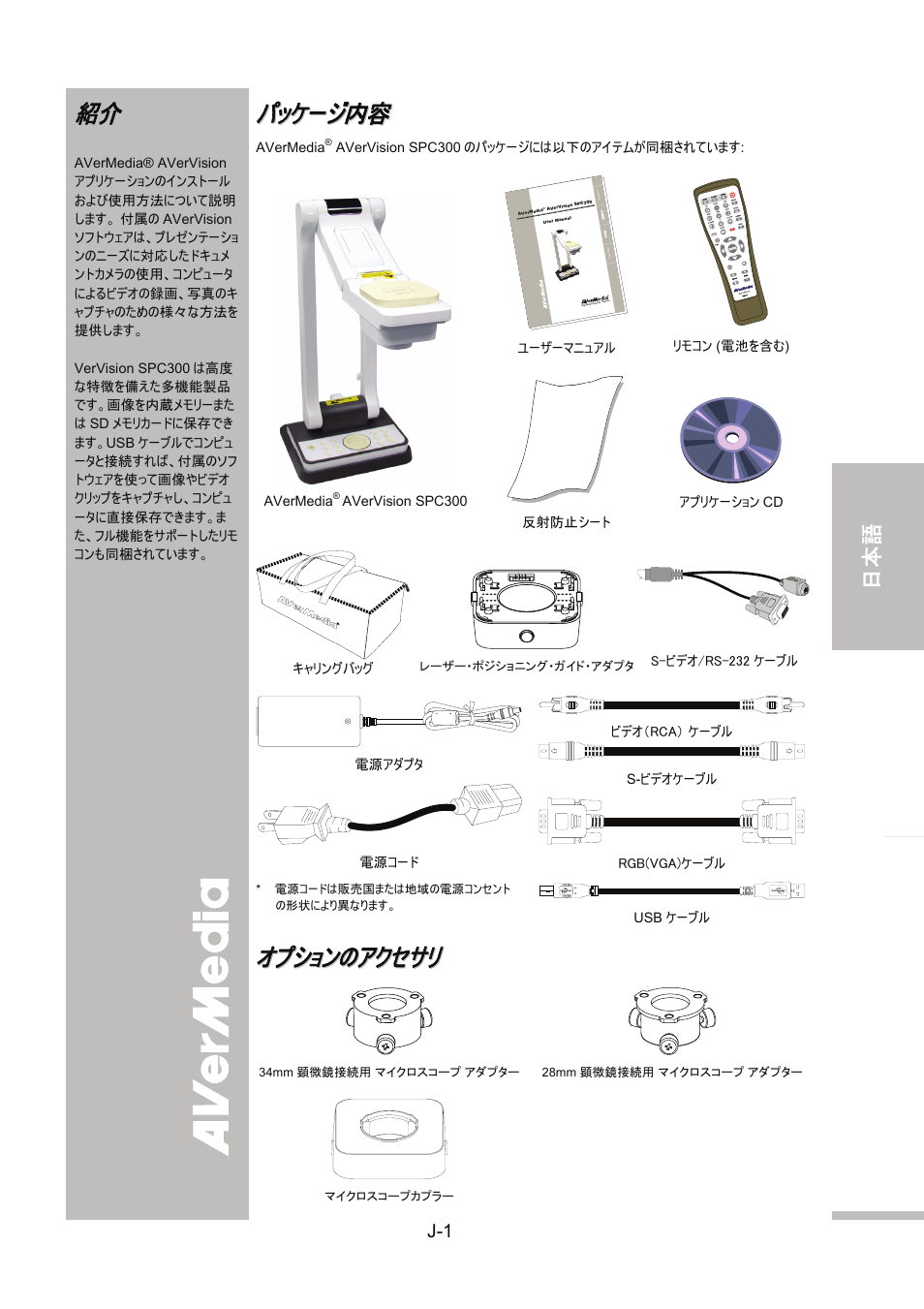 パッケージ内容, S-ビデオケーブル, Usbケーブル | オプションのアクセサリ, 紹介 介, English 繁體中文 日本語 ภา ษาไ ท ย | AVer SPC300+ User Manual | Page 55 / 97