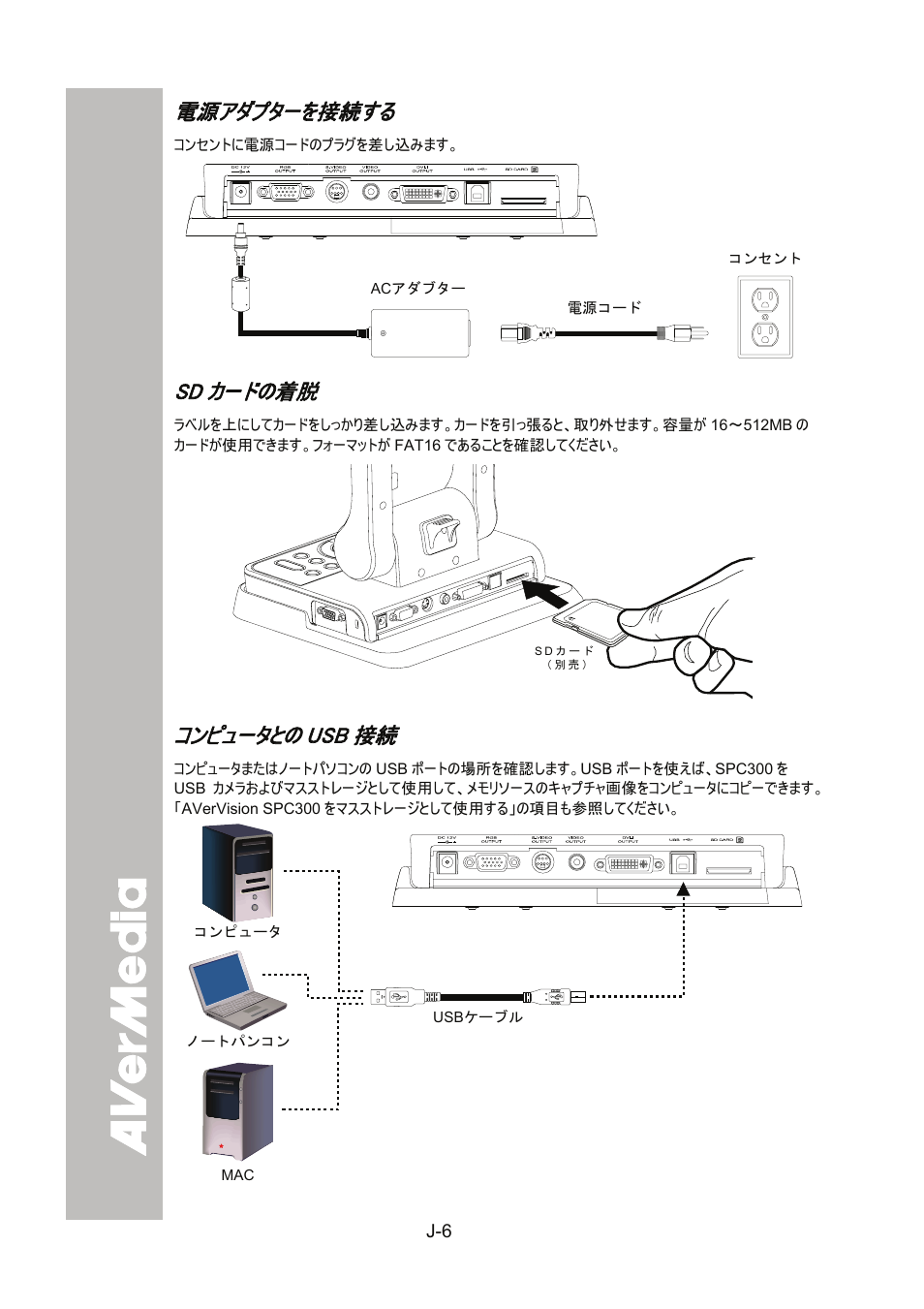 電源アダプターを接続する, Sdカードの着脱, コンピュータとのusb接続 | AVer SPC300+ User Manual | Page 60 / 97