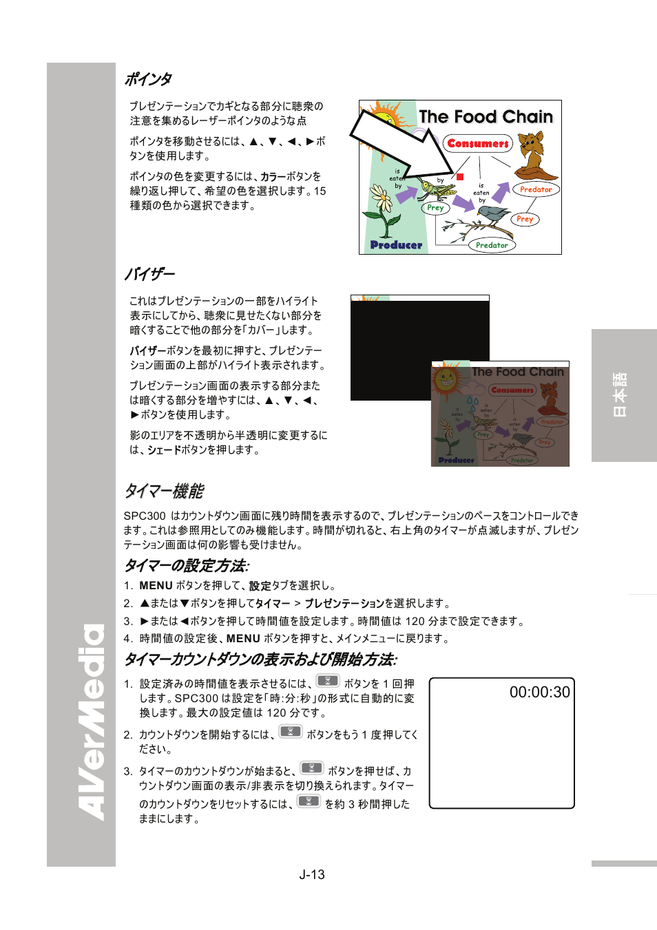 タイマー機能, タイマーの設定方法, タイマーカウントダウンの表示および開始方法 | J-13, ポインタ, バイザー | AVer SPC300+ User Manual | Page 67 / 97