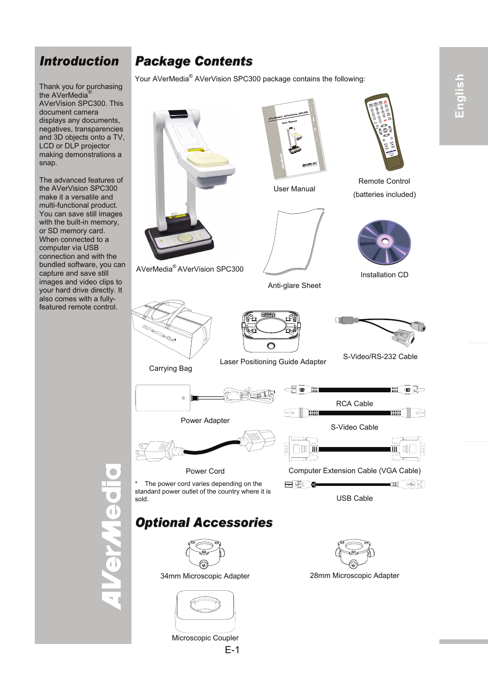 Introduction, Package contents, Optional accessories | English 繁體中文 日本語 ภา ษาไ ท ย | AVer SPC300+ User Manual | Page 7 / 97