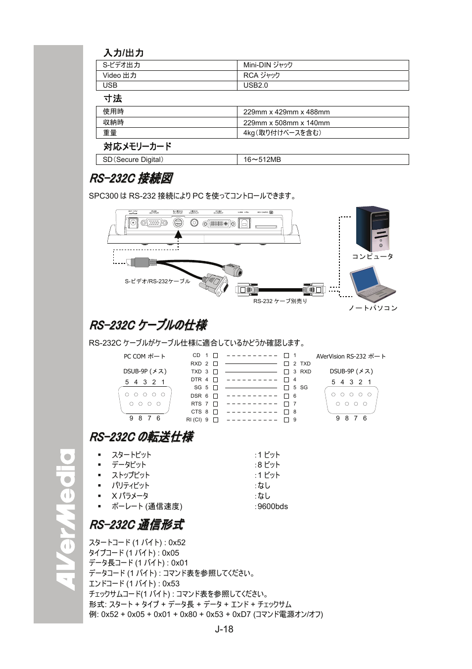 入力/出力, 対応メモリーカード, Rs-232c接続図 | Rs-232cケーブルの仕様, Rs-232cの転送仕様, Rs-232c通信形式, タイプコード (1バイト) : 0x05, J-18 | AVer SPC300+ User Manual | Page 72 / 97