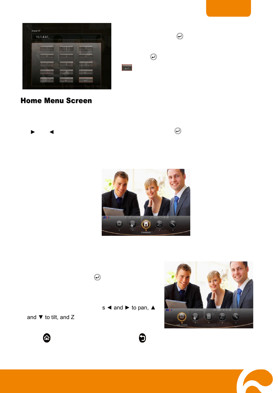 Home menu screen, Cam ctrl, To adjust the h300/h100 camera | Dial | AVer H300 user manual User Manual | Page 18 / 77