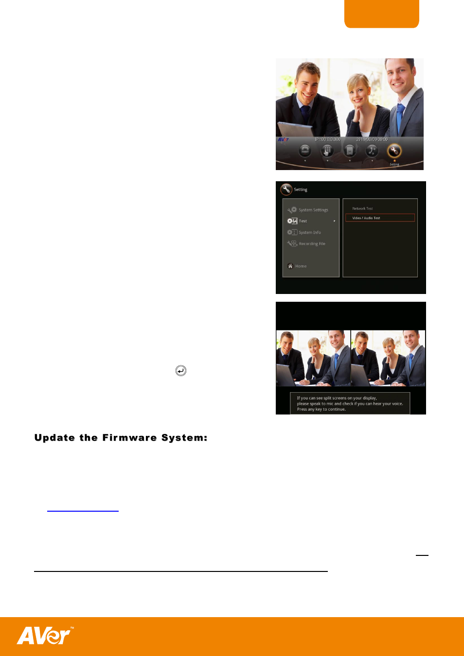 To test the video and audio, Update the firmware system, To update firmware via usb flash drive | AVer H300 user manual User Manual | Page 51 / 77