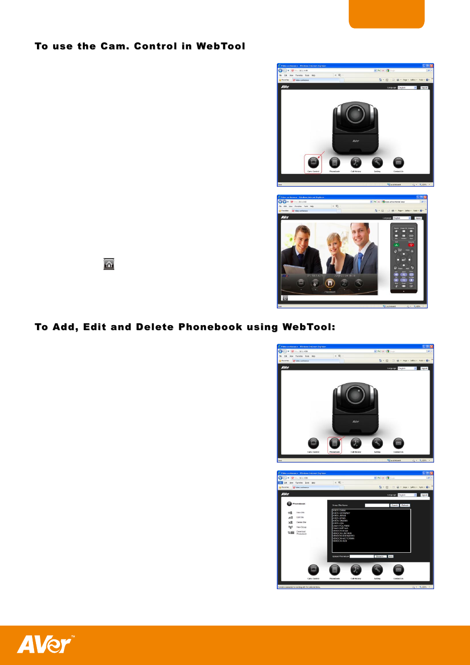 To use the cam. control in webtool, To add, edit and delete phonebook using webtool | AVer H300 user manual User Manual | Page 55 / 77