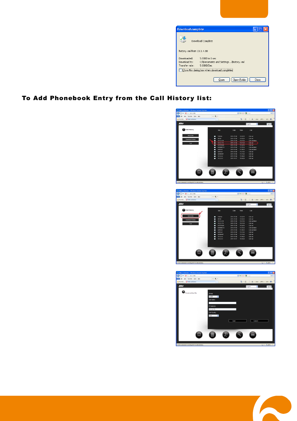 To add phonebook entry from the call history list | AVer H300 user manual User Manual | Page 60 / 77