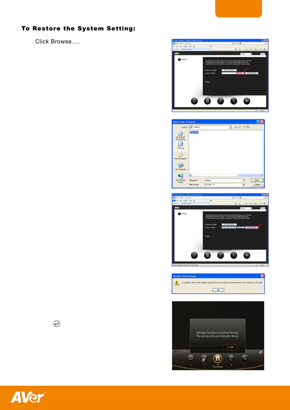 To restore the system setting | AVer H300 user manual User Manual | Page 63 / 77