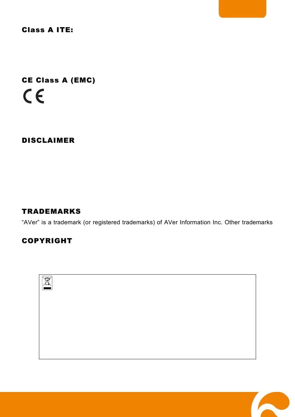 Class a ite, Ce class a (emc), Disclaimer | Trademarks, Copyright | AVer H300 user manual User Manual | Page 76 / 77