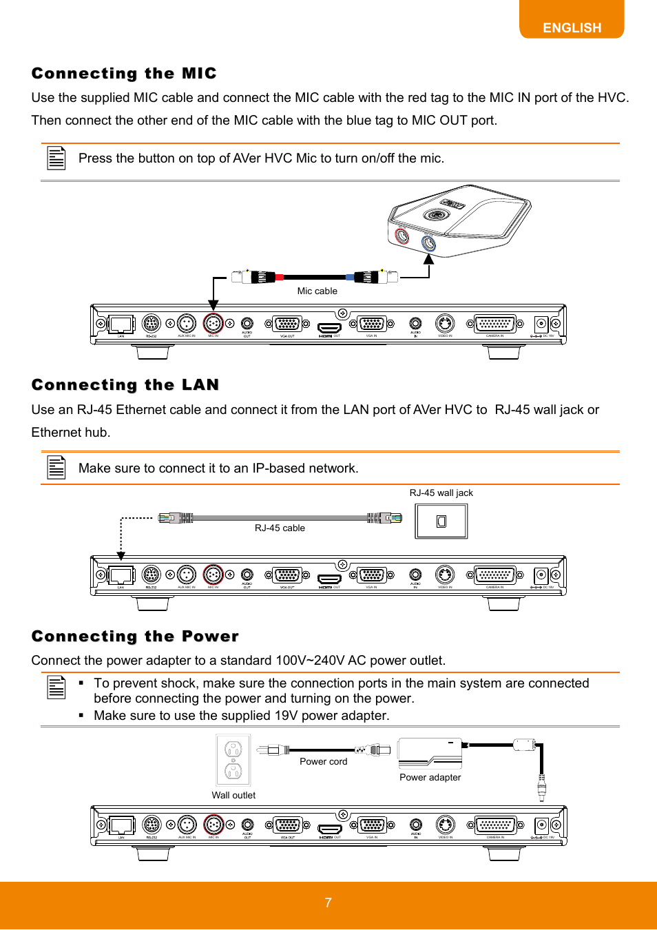 Connecting the mic, Connecting the lan, Connecting the power | AVer HVC130 user manual User Manual | Page 11 / 74