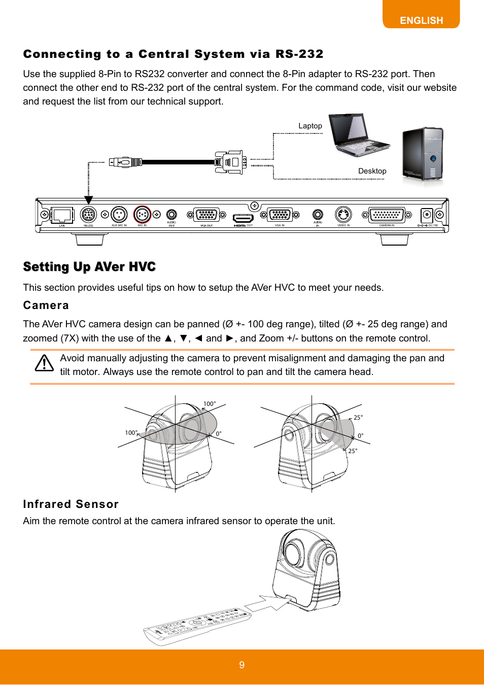 Connecting to a central system via rs-232, Setting up aver hvc, Camera | Infrared sensor, Camera infrared sensor | AVer HVC130 user manual User Manual | Page 13 / 74