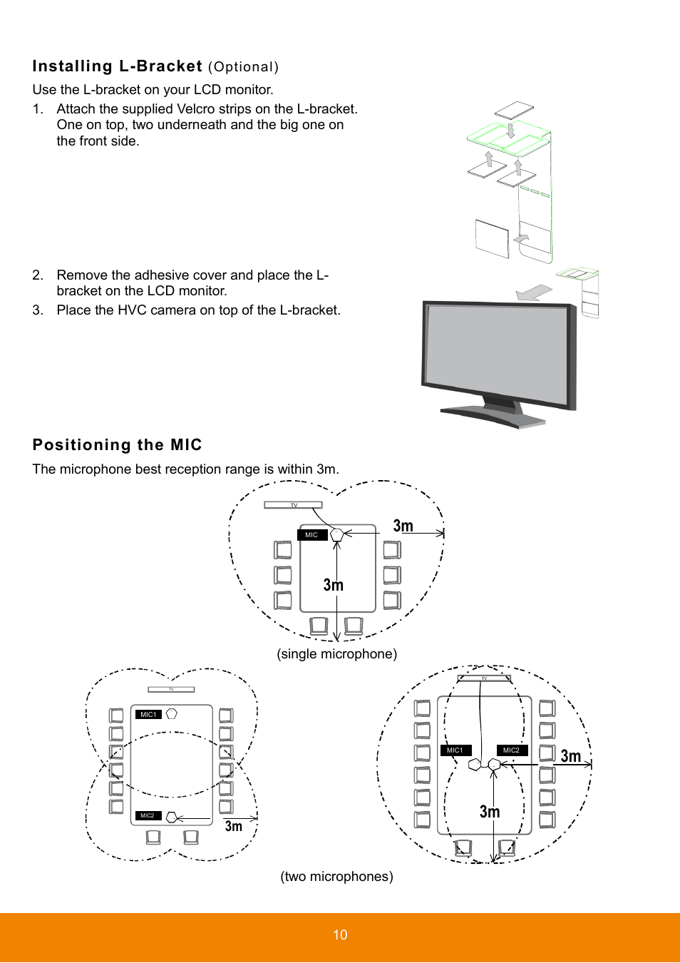 Installing l-bracket (optional), Positioning the mic, Installing l-bracket | AVer HVC130 user manual User Manual | Page 14 / 74