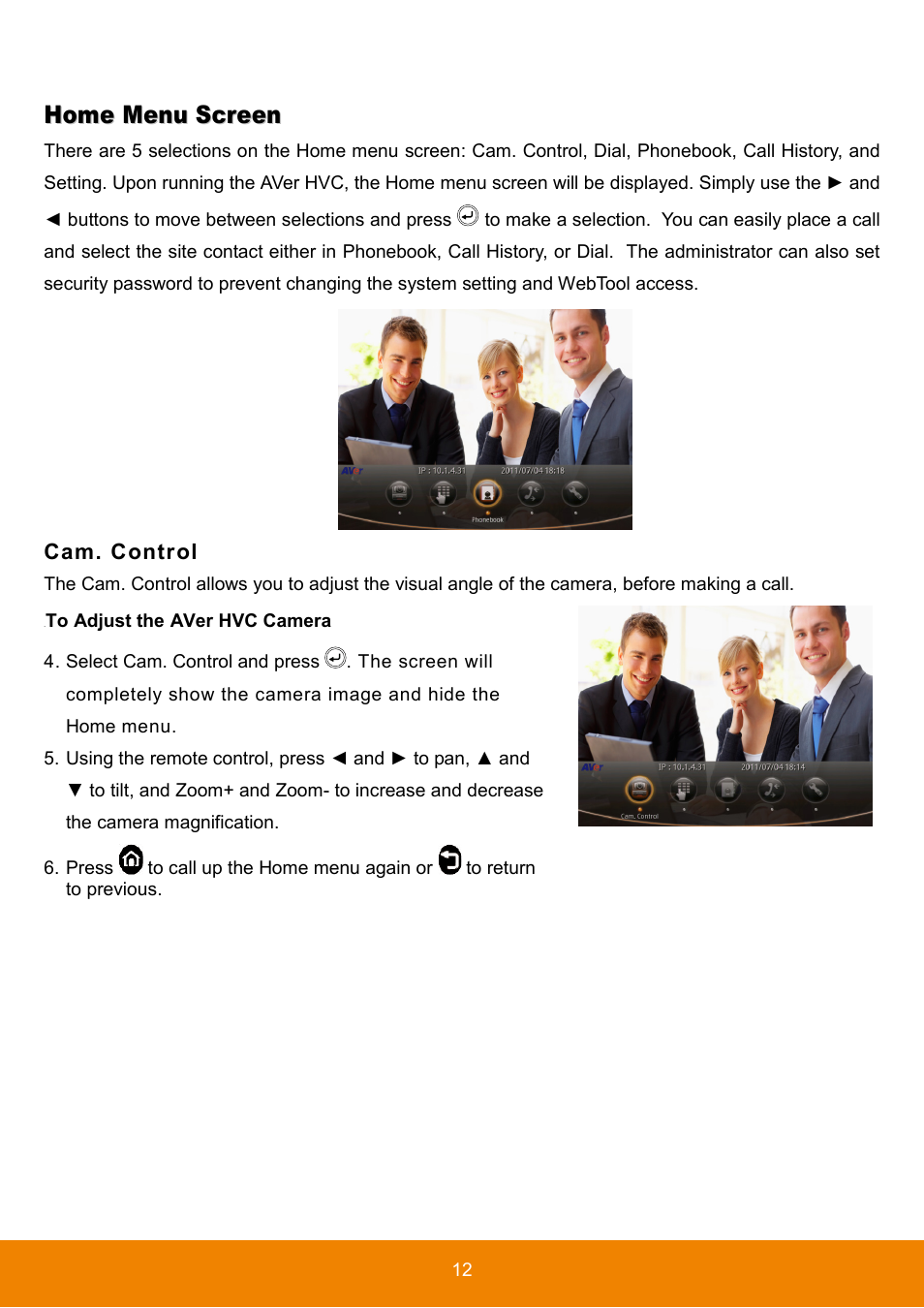 Home menu screen, Cam. control, To adjust the aver hvc camera | AVer HVC130 user manual User Manual | Page 16 / 74