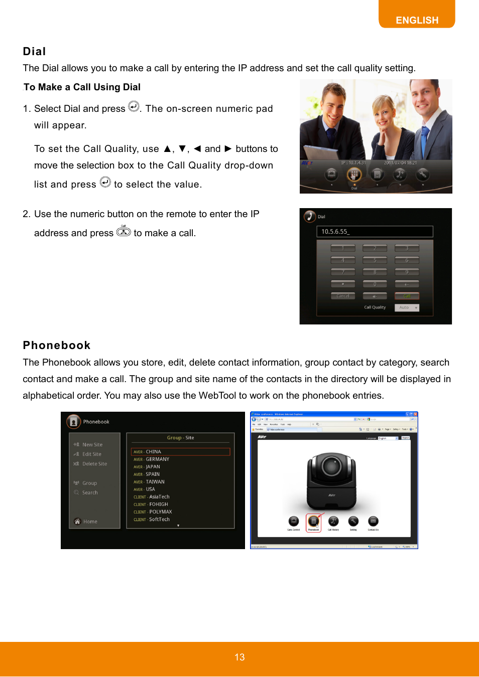 Dial, Phonebook, To make a call using dial | AVer HVC130 user manual User Manual | Page 17 / 74