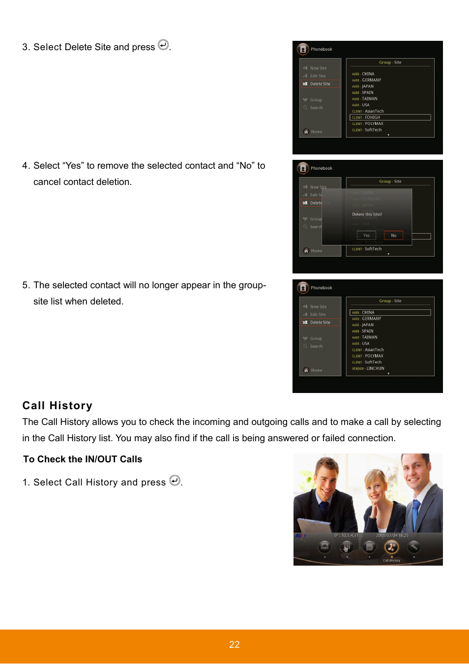 Call history, To check the in/out calls | AVer HVC130 user manual User Manual | Page 26 / 74