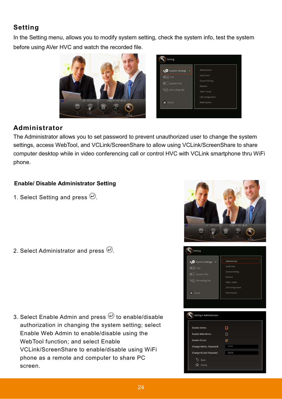 Setting, Administrator, Setting administrator | Enable/ disable administrator setting | AVer HVC130 user manual User Manual | Page 28 / 74