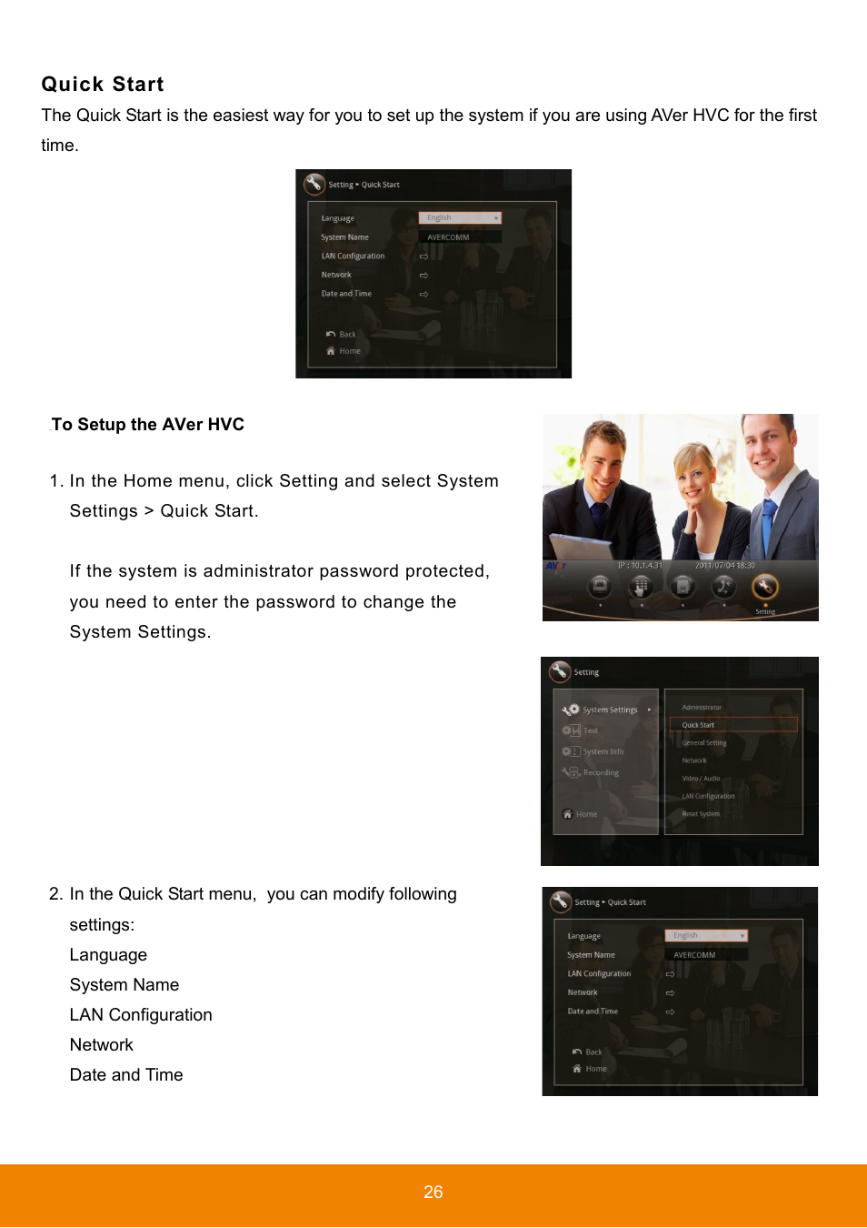 Quick start, To setup the aver hvc | AVer HVC130 user manual User Manual | Page 30 / 74