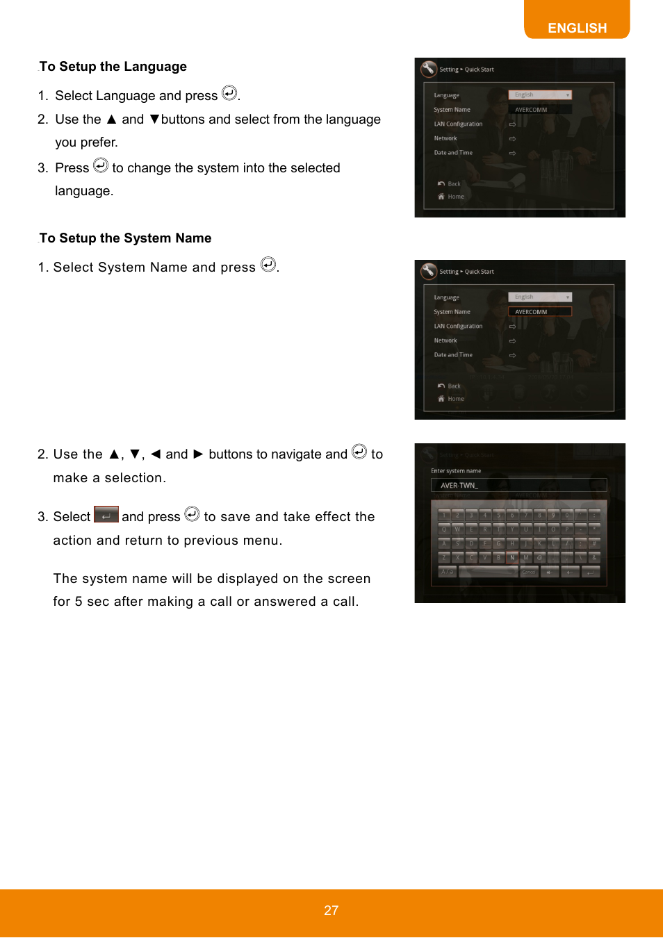 To setup the language to setup the system name | AVer HVC130 user manual User Manual | Page 31 / 74