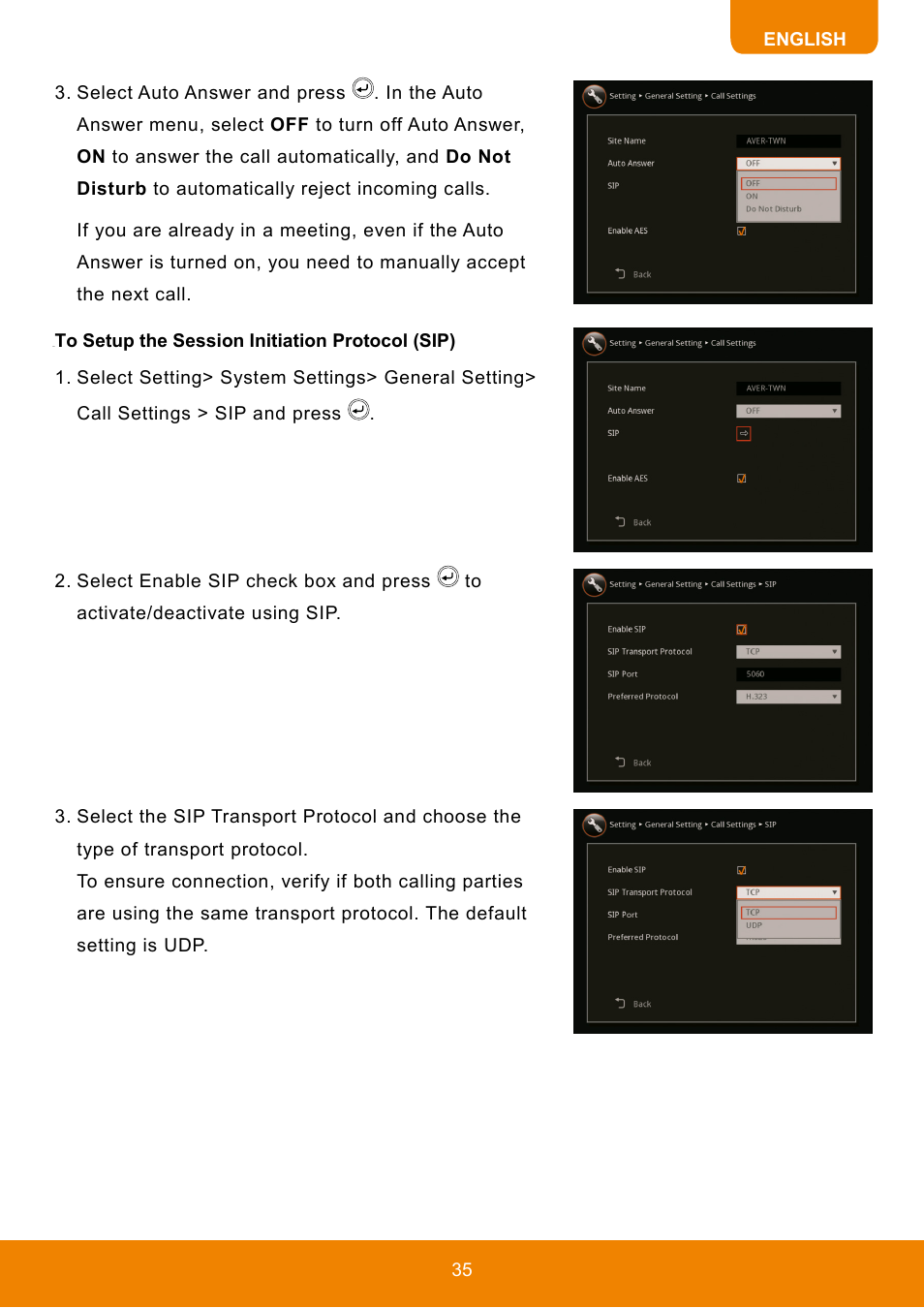 To setup the session initiation protocol (sip) | AVer HVC130 user manual User Manual | Page 39 / 74