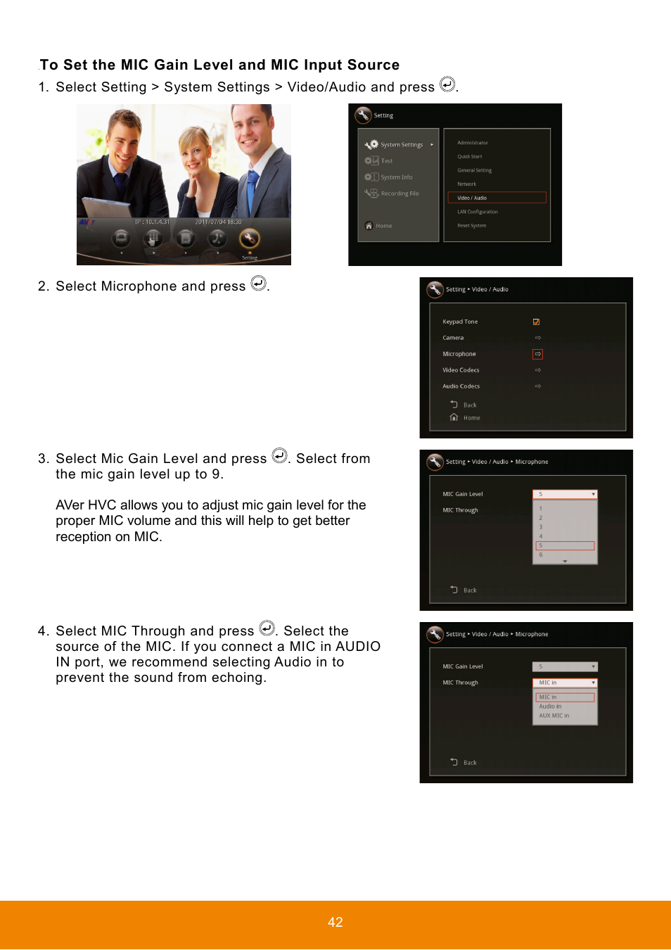 To set the mic gain level and mic input source | AVer HVC130 user manual User Manual | Page 46 / 74