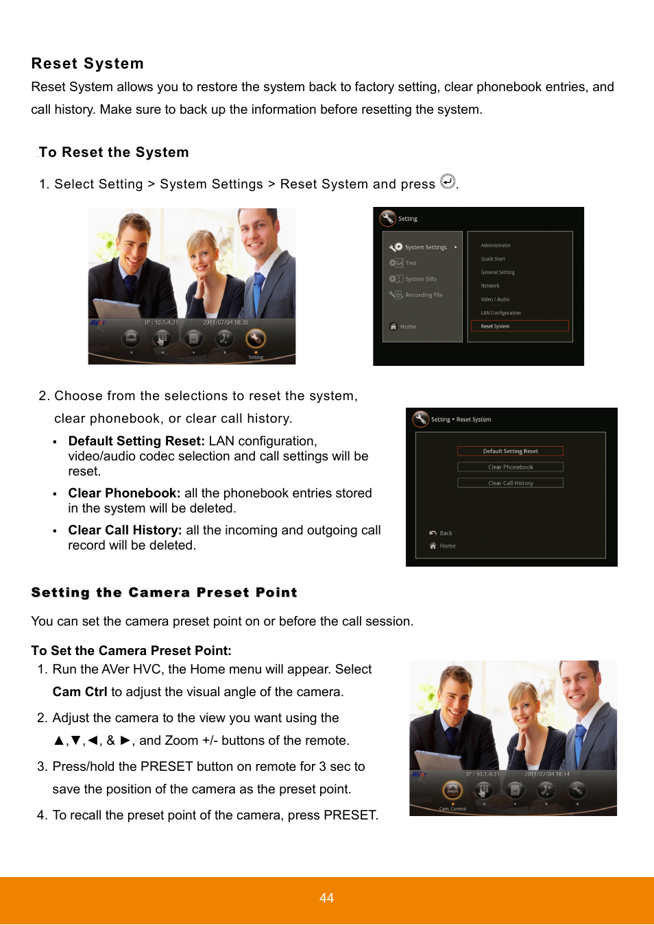 Reset system, Setting the camera preset point, To set the camera preset point | To reset the system | AVer HVC130 user manual User Manual | Page 48 / 74