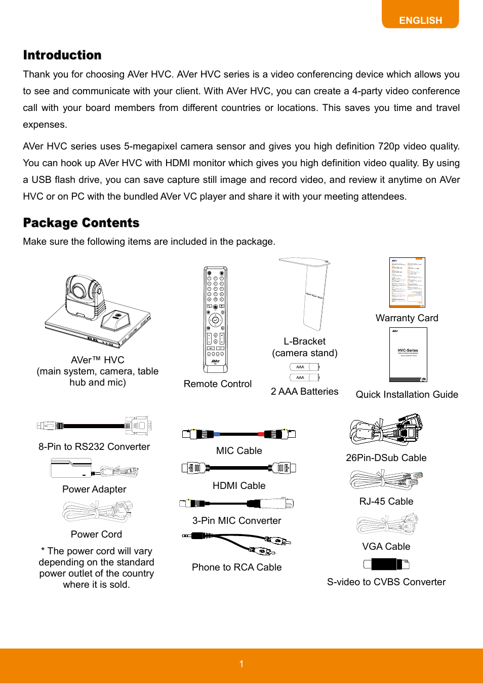 Introduction, Package contents, Introduction package contents | AVer HVC130 user manual User Manual | Page 5 / 74