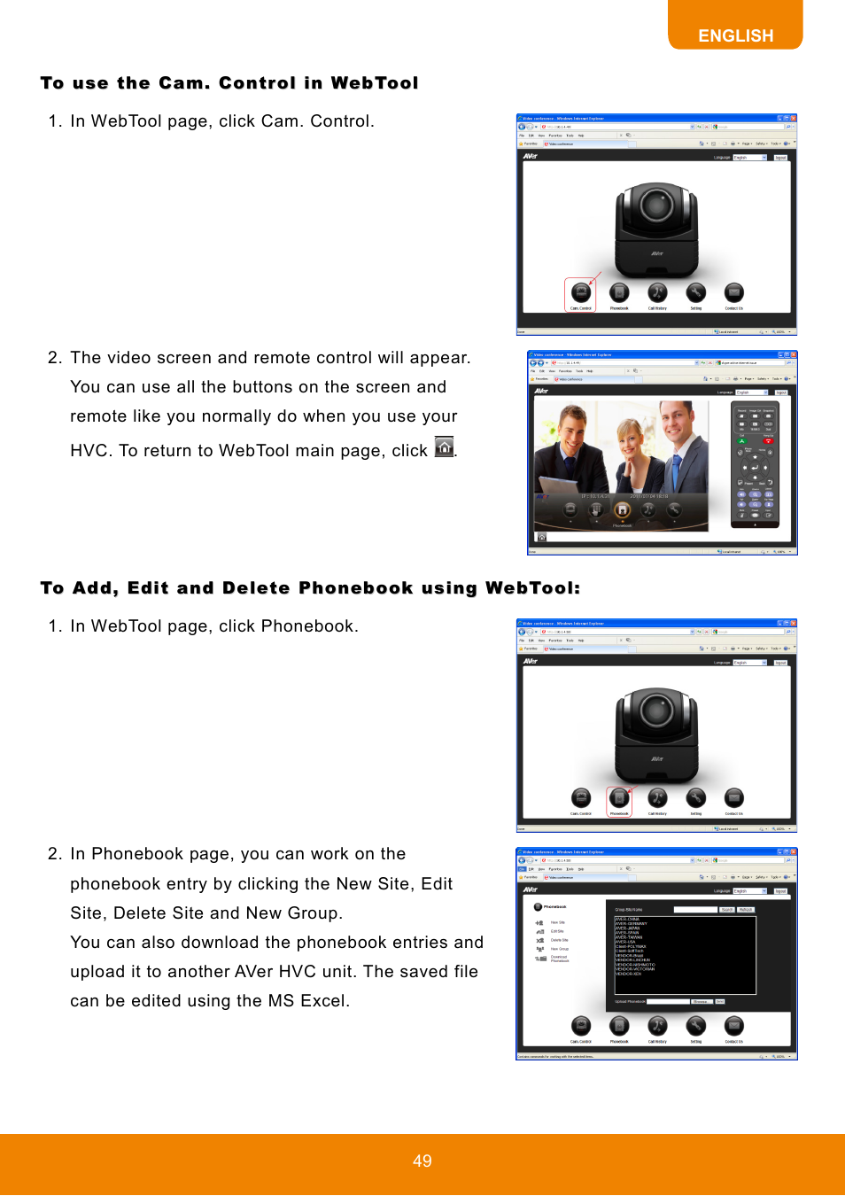To use the cam. control in webtool, To add, edit and delete phonebook using webtool | AVer HVC130 user manual User Manual | Page 53 / 74