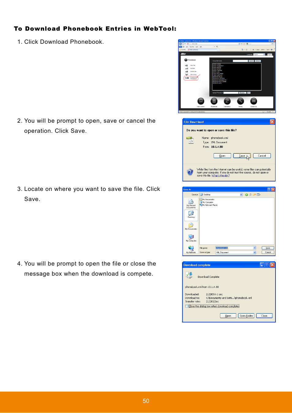 To download phonebook entries in webtool | AVer HVC130 user manual User Manual | Page 54 / 74