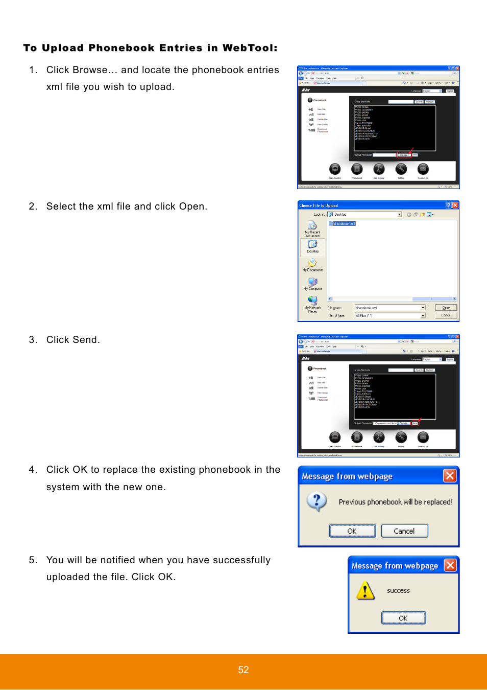 To upload phonebook entries in webtool | AVer HVC130 user manual User Manual | Page 56 / 74