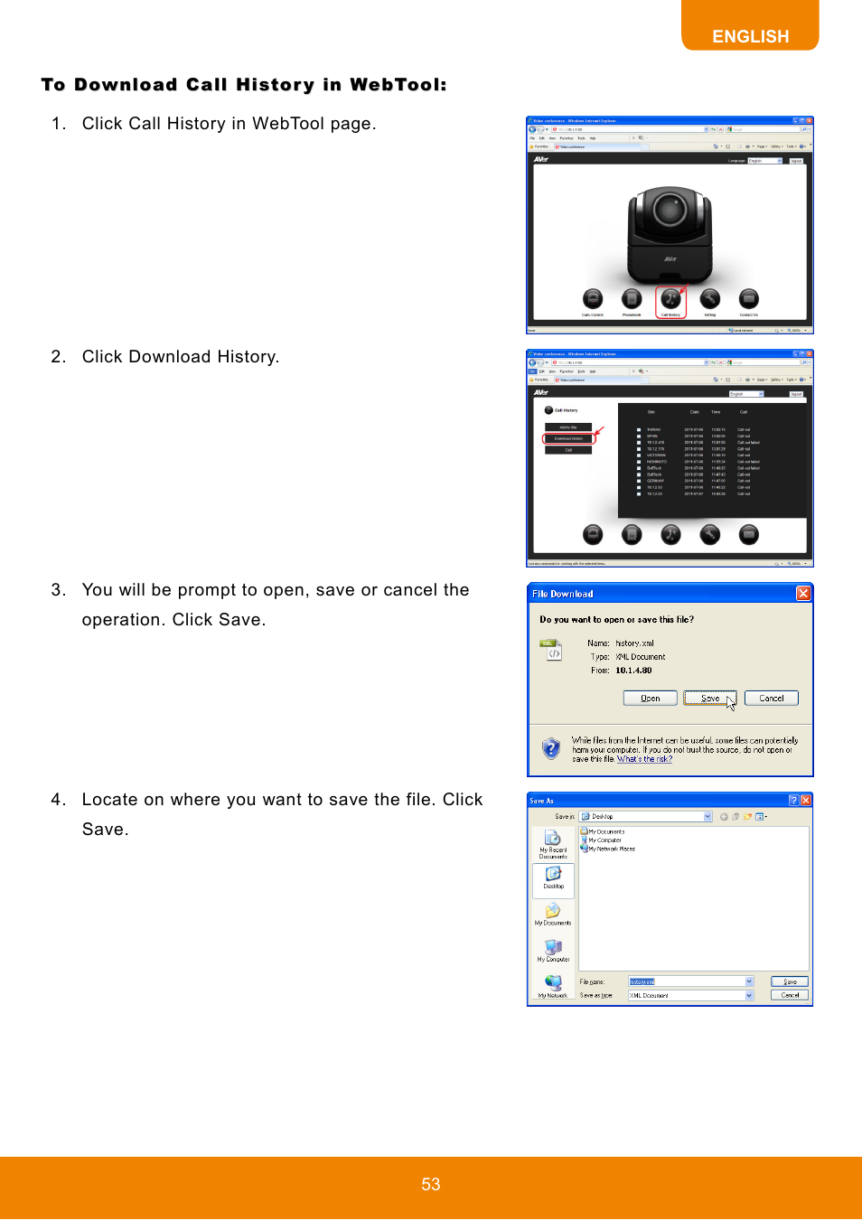 To download call history in webtool | AVer HVC130 user manual User Manual | Page 57 / 74